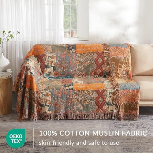 Bailix Boho Throw Blanket for Couch Sofa Bed, 100% Cotton Woven Quilt with Tassel 90”x98”, Super Soft Muslin Blanket with Floral Printed, Decorative Reversible Bed Blanket/Cover for All Seasons - color: A - Patchwork, size: Super Queen-90" X 98"