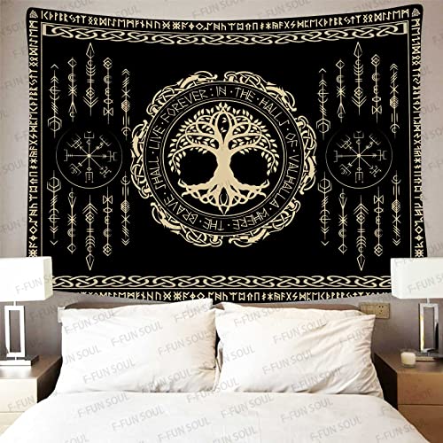 F-FUN SOUL Nordic Vikings Tapestry 80x60inches Viking Yggdrasil Tree of Life Celtic Rune Scandinavian Aesthetic Mythology Tapestry Wall Hanging for Bedroom Living Room Decor GTZYFS1798 - color: Yggdrasil Tree of Life, size: 60"L x 80"W