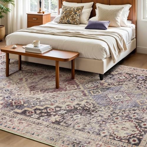 YOH Boho Washable Rug 4x6, Mauve Grey Vintage Non Slip Area Rug, Distressed Indoor Carpet for Living Room Bedroom Kitchen Office - color: B-mauve Grey, size: 4' x 6' (Rectangular)
