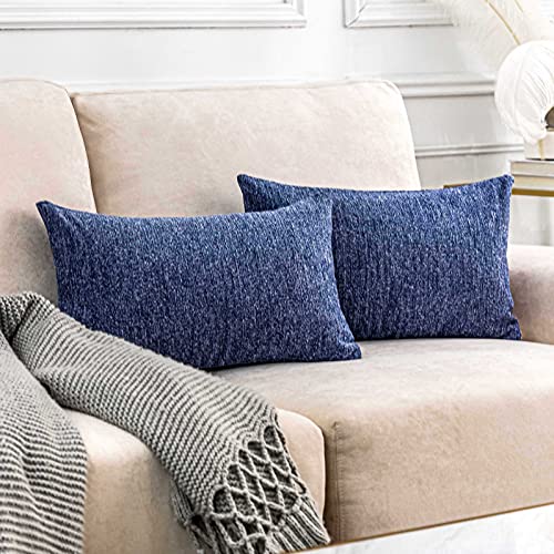 Home Brilliant Navy Blue Rectangle Pillow Cover for Sofa Decorative Chenille Set of 2 Lumbar Throw Pillow Cover, Dark Blue, 30x50 cm, 12x20 inches - color: Dark Blue, size: 20" x 12" (Pack of 2)