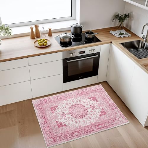 Macgace 2x3 Bright Pink Area Rug for Entryway, Small Washable Rugs with Non-Slip Backing for Girls Bedroom, Cute Vintage Throw Carpet Kitchen Laundry Front Door Decor - color: Pink & White, size: 2' x 3' (Rectangular)