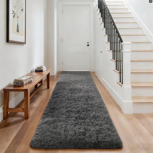 Ophanie Runner Rug for Hallway, 3x8 Washable Non-Slip Fluffy Soft Bedside Rugs, Bedroom Living Room Shaggy Carpet for Kids Girls Boys Dorm Nursery Decor Aesthetic, Grey with Over 99 pcs Pile fibers - color: 1- Grey, size: 3' x 8' (Rectangular)