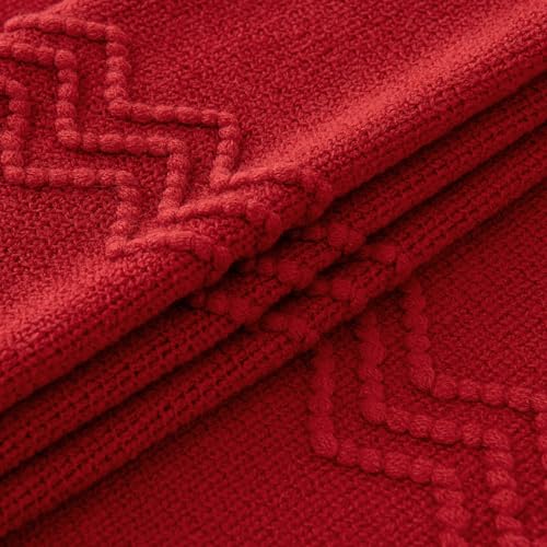 MIULEE Red Knitted Throw Blanket for Couch Boho Textured Cozy Woven Blanket with Tassels for Sofa Chair Bed Living Room Acrylic Wave Pattern 50"x60" - color: Christmas Red, size: 50" x 60"