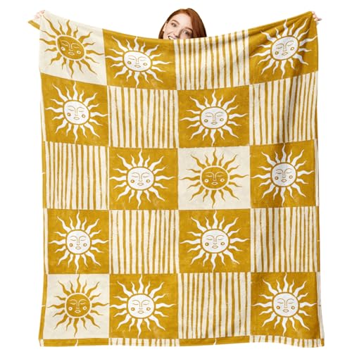Boho Sun Face Flannel Throw Blanket, Bohemia Sunshine Yellow Birthday Gifts for Kids Men Women, Sunny Plaid Check Stripes Soft Blankets for Bedding Sofa 50" x 60" - color: Boho Sun