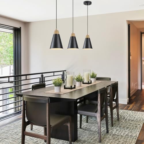 Dijiahua Black Kitchen Pendant Lighting Over Island 3 Pack,Small Modern Farmhouse Chandeliers with Hammered Metal Cone Shade,Mini Industrial Adjustable Cord Hanging Ceiling Lamp Fixtures Over Sink - color: Black and Wood