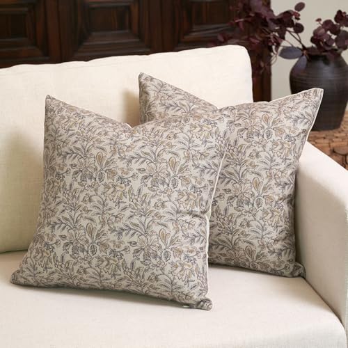 Amor Virisso Floral Throw Pillow Covers 18x18 Set of 2 Vintage Block Print Pillow Covers Decorative Pillow Covers Couch Pillows for Living Room Farmhouse Accent Sofa Pillows, Yellow/Sand - color: Yellow/Sand, size: 18" x 18" (Pack of 2)