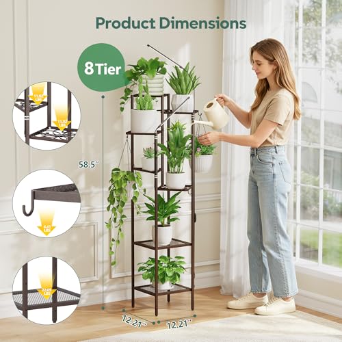 Quikraen 8 tiers Metal Plant Stand with Grow Lights, Tall Lighted Corner Plant Shelf for Indoor Plant Growing,Flower Pot Holder, Plant Rack for Home Decor, Patio (Brown)