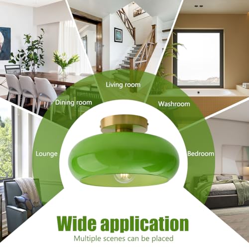 Green Ceiling Light - Mid Century Modern Flush Ceiling Light with Milk Glass Globe and Dark Green Lamp Shade in Brushed Brass for Dining Room - color: Flush-Green