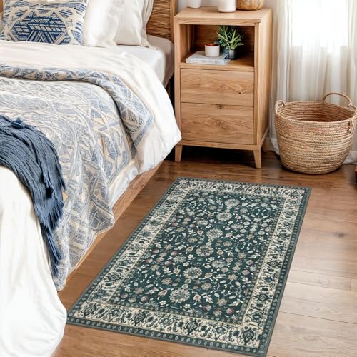 KUTA Vintage 2x3 Rugs for Entryway, Non-Slip Washable Kitchen Area Rug & Indoor Door Mat with Floral Print, Green Beige Ultra Thin Soft Low-Pile Throw Rug for Front Door, Bedside, Small Spaces - color: Green Beige, size: 2' x 3' (Rectangular)