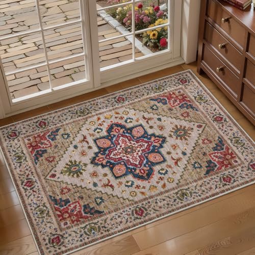 Tangsoo Vintage Small Rug 2x3 Washable Rugs for Entryway Non-Slip Oriental Low Pile Rug for Front Door, Kitchen, Indoor, Accent Throw Small Area Rug, Door Mat for Entrance, Soft Boho Beige/Red - color: Beige/Red, size: 2' X 3' (Rectangular)