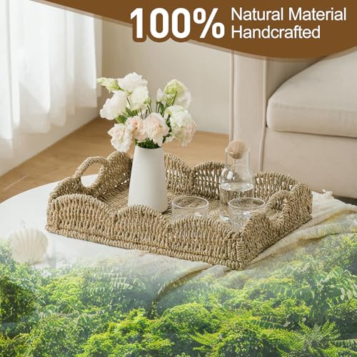 Wicker Tray, Handwoven Woven Tray with Handles and Scalloped Edge, Rectangle Wicker Basket for Home Decor and Organizing, 17.3" L x 13.4" W x 3.6" H - color: Seagrass-scalloped, size: 17.3" x 13.4" x 3.6"