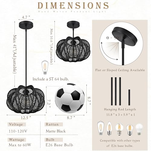 Black Rattan Pendant Light 12.6 in Rattan Light Fixture Wicker Chandelier Woven Pendant Light Boho Chandelier for Foyer - color: 12.5" Black