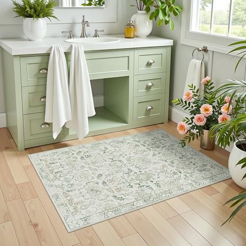 Green Small Area Rug 2x3 Throw Rug for Entryway Bathroom Kitchen, Non-Slip Low-Pile Washable Distressed Modern Boho Floor Carpet for Laundry Room, Indoor Washstand Vanity Front Mat 24x36 Inch - color: Beige Green, size: 2'x3'