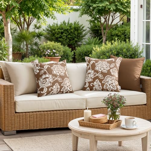 Decorative Outdoor Floral Pillow Covers Set of 2,Waterproof Boho Farmhouse Throw Pillows Summer Accent Pillowcases for Patio Furniture Garden Sofa 18x18 Inch, Coffe Brown - color: Coffe Brown