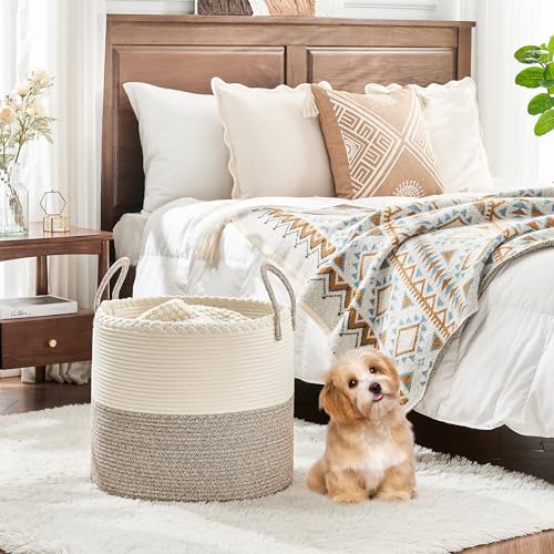 KAKAMAY Large Blanket Basket (18"x18"x16"),Woven Baby Laundry Hamper for Storage, Cotton Rope Blankets Baskets for Nursery, Laundry, Living Room, Pillows, Baby Toy chest with Handles (White/Beige) - color: Beige