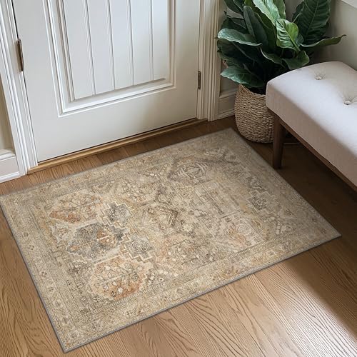 Bavni 2x3 Entryway Rug Bathroom Rugs for Front Door Bedroom Bathroom Kitchen, Washable Vintage Print Carpet, Ultra-Thin Chenille Lightweight Rug with Non Slip Backing, Wood - color: Apricot/Wood, size: 2' x 3' (Rectangular)