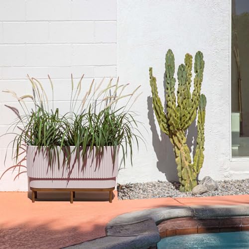 Veradek Demi Series Raised Long Planter for Indoor/Outdoor Use | Made from Plastic & Stone w/Wooden Stand | Modern Patio Décor for Flowers/Shrubs - color: White/Brown, size: 30 inch - 2 Pack
