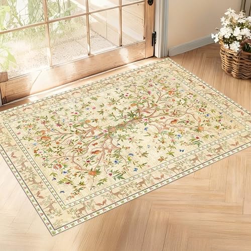 Entryway Rug 2x3 Washable, Non-Slip Small Area Rug, Boho Floral Botanical Low Pile Carpet for Front Door, Bathroom, Kitchen, Beige - color: Beige, size: 3' x 2' (Rectangular)