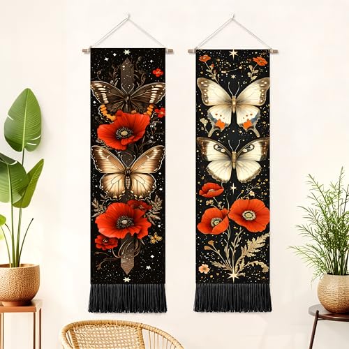 seewan 2 Pack Long Vertical Wall Tapestry, Boho Nature Landscape & Floral Aesthetic Wall Hanging for Bedroom Living Room Home Decor, Long Narrow Art Tapestry with Sunrise Mountain Botanical Designs, 13" × 51" (Poppy Vintage Bloom, 13"Wx51"H, Unframed) - c