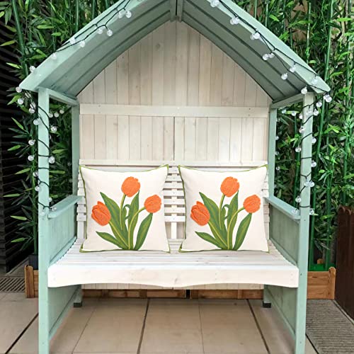 Pack of 2 Embroidered Decorative Throw Pillow Cover 18x18 Inch Farmhouse Floral Pillowcase for Living Room Sofa Bed (Orange Tulip) - color: Orange Tulip