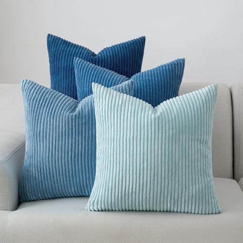Volcanics Set of 4 Light Blue Corduroy Decorative Couch Throw Pillow Covers 18x18 Inch, Soft Modern Boho Striped Accent Cushion Cases for Beach, Patio, Balcony, Summer Gradient Shams Home Decor - color: Light Blue, size: 18" x 18" (Pack of 4)
