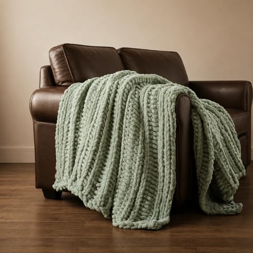 Battilo Chunky Knit Throw Blanket for Couch, Hand Made Chenille Throw Blanket, Super Soft Warm Cozy Sage Green Blanket for Bed, Sofa, Living Room, 50"x60" - color: Sage Green