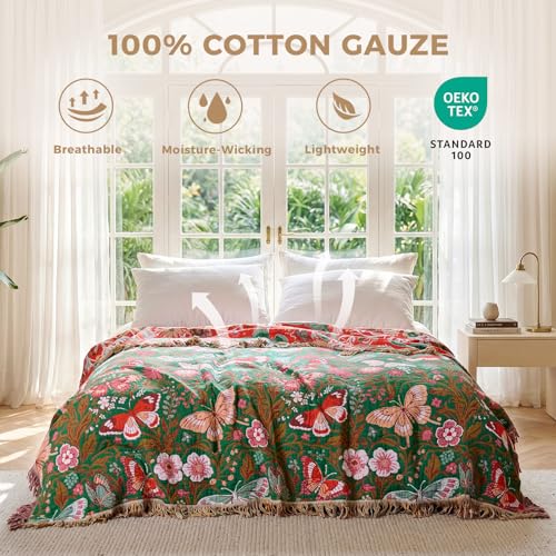 LUTBM Boho Throw Blanket for Bed Cotton Summer Blankets for Bedroom Living Room Twin All Season Lightweight Butterflies Embroidery Quilt for Couch Sofa Chair 60"x80" - color: Butterflies Green, size: 60"×80"