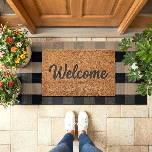 KIMODE Front Door Mat Outside Entrance 24"x51",Black and Tan Checkered Outdoor Rug,Farmhouse Fall Front Porch Rug Decor,Cotton Woven Washable Layering Rug for Front Door,Outside Entrance,Kitchen - color: Black/Brown, size: 2' x 4'3" (Rectangular)