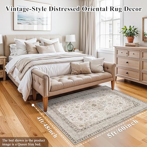 HILORUUG 4x5 Rug Entryway Washable: Non-Slip Oriental Area Rug for Bathroom Kitchen- Farmhouse Low Pile Stain Resistant Carpet Long Thin Front Door Mat (4x5 Ivory/Grey/Multi) - color: Ivory, size: 4' x 5' (Rectangular)