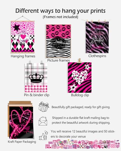 KBKBART Mcbling Y2k Room Decor Aesthetic, 12 Pcs Trashy Y2k Posters and 50 Pcs Y2k Sticker for Teen Girl's Bedroom, Early 2000s Room Decor, Hot Pink Wall Art Aesthetic Pictures, Emo Baddie Prints Wall Collage for Dorm Bedroom Apartment Decor (UNFRAMED) -