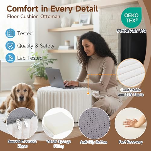 Tiita Round Stuffed Pouf Ottoman, Stripe Faux Fur Poufs with Foam Chunk Filling, Furry and Fluffy Pouf 21×21×12 inch Foot Stool Storage Ottoman,Puff Office Foot Rest for Couch Living Room, Beige - color: Striped Round Beige