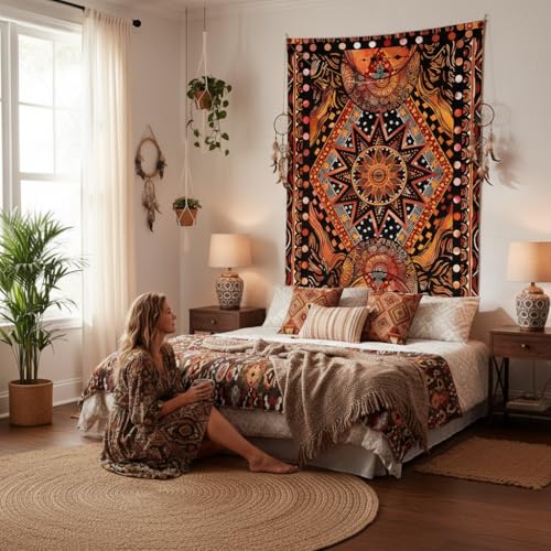 Fowocu Orange Sun and Moon Tapestry Wall Hanging, Indie Hippie Mandala Cool Wall Tapestries, Aesthetic Tapestry for Bedroom Living Room Dorm (Orange, 36'' × 48'') - color: Orange, size: 48"L x 36"W