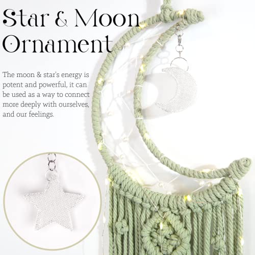ANROYE Boho Macrame Woven Wall Hanging, Crochet Crescent Moon Star Dream Catcher with Long Tassel- Green Cotton Handmade Bohemian Home Decor Nursery Decoration Art for Kids Bedroom Dorm Room - color: Sage Green, size: With Light