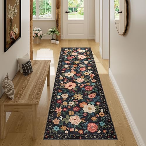 DUKINO Runner Rug, 2x7 Boho Kitchen Rug for Hallways with Low Pile Design, Washable Non Slip Backing Soft Floral Runner for Kitchen, Hallway, Entryway, Bedroom, Laundry, Black - color: Black, size: 2' x 7' (Rectangular)