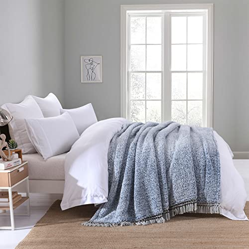 Ultra Soft Fleece Sherpa Blanket King Size,Lightweight Cozy Boho Bed Blanket with Decorative Tassel, Pattern Reversible, 2 Tones Ombre Blue,104”x90” - color: Blue With Tassel, size: King-104" x 90"