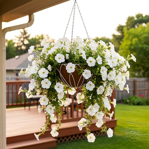 HOSY 2-Pack 12-in Hanging Metal Planter Baskets with Coconut Fibre Liner | Round Wire Planter, White, Openwork Petal-Shaped Design, 12-in Diameter, Includes Chain & Hook, Tool-Free Hanging Setup - color: Petals - White