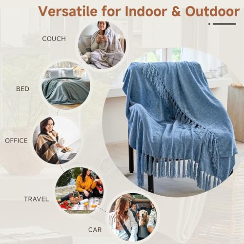 Simple&Opulence Soft Chenille Throw Blanket 50'' x 60'' - Cozy Fluffy Blanket with Fringe Tassel, Farmhouse Boho Blankets for Couch Bed Office Chair Gift Home Decor All Season Use, Blue - color: Blue