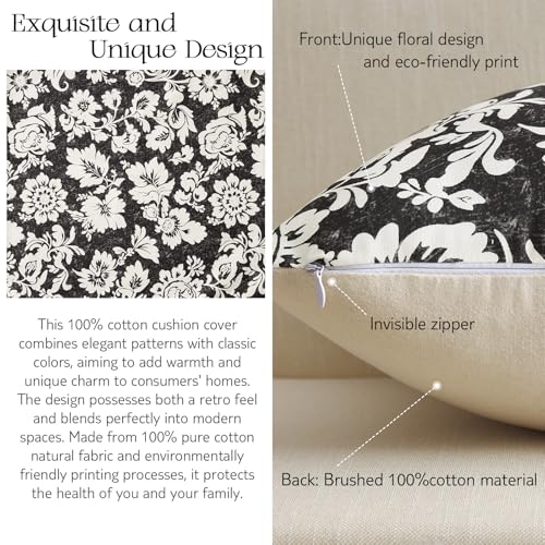 Black 12x20 Floral Pillow Covers：Vintage Throw Pillows Decorative 100% Cotton Covers — Neutral Modern Farmhouse Patterned Accent Covers for Couch Sofa Bed Living Room Farmhouse Pillowcases Pack of 2 - color: Sf-black, size: 20" x 12" (Pack of 2)