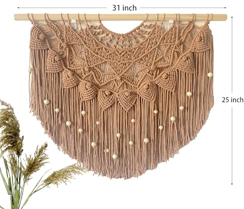 Youngeast Large Macrame Wall Hanging Boho Beaded Curtain for Window Macrame Bedroom Headboard Living Room Wall Art Tassel Tapestry Bohemian Woven Wall Decor 31" W X 25" H (Khaki) - color: Khaki