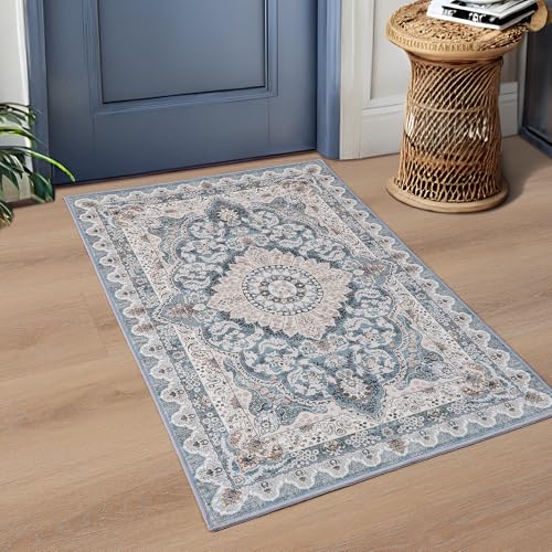 Foxmas Small Rugs for Entryway 2x3 Feet, Non-Slip Doormat Indoor Entrance Vintage Washable Area Rug, Low Pile Throw Rugs for Entryway Bedroom Kitchen Living Room, Blue - color: Blue, size: 2' X 3' (Rectangular)