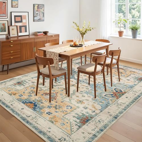 6x9 Area Rugs for Living Room, Machine Washable Area Rug, Low Pile Non Slip Vintage Boho Rug, Stain Resistant Carpet for Bedroom Dinning Room Nursery Farmhouse Office Home-Blue/Gold/Beige - color: Blue/Gold/Beige, size: 6' x 9' (Rectangular)