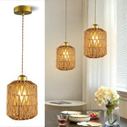Boho Pendant Light, 6″ Hanging Lamp with Rattan Cylinder Lamp Shade, Small Wicker Pendant Lights Fixture, Rattan Chandelier Woven Pendant Lamp for Kitchen Island Dining Room Bedroom Hallway - color: 5.9″-Cylindrical
