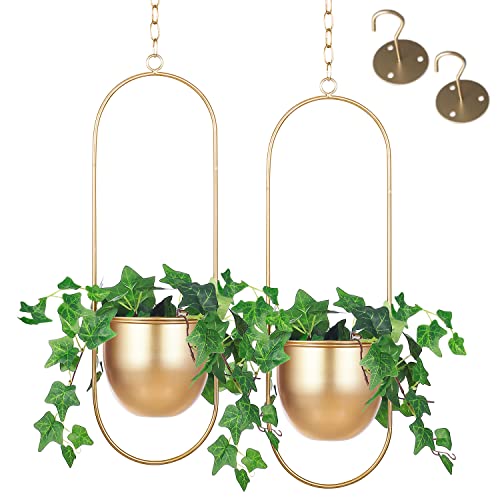Shineloha 2 Pack Hanging Planters for Indoor Plants with 5.5" Pot + Ceiling Hook | Gold Hanging Planter, Gold Plant Hanger, NO Plant incld - color: Gold, size: Large