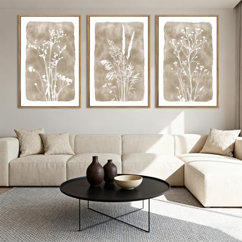 ANHUIB Beige Neutral Floral Canvas Wall Art 16x24 Inch Framed Brown Botanital Wall Decor Large Rustic Farmhouse Wildflower Artwork Boho Vintage Plant Art Prints Set of 3 for Living Room Bedroom Office - color: Beige Floral, size: 24"L x 16"W