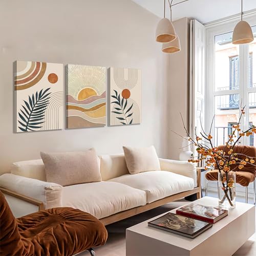 3Pcs Framed Boho Abstract Wall Art Orange Rainbow Sun Desert Minimalist Picture Mid-Century Modern Poster Prints Neutral Botanical Geometric Canvas Painting Wall Decor for Living Room 24L" x 16W" - color: Wrapped Canvas, size: 24L" x 16W"