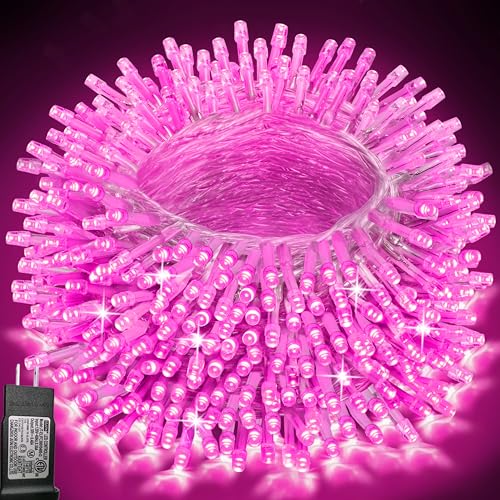 Pooqla 200 LED String Lights Indoor Outdoor, 66 ft Pink Christmas Lights Plug in with Timer, Connectable 8 Modes Waterproof Clear Wire Twinkle Fairy Lights for Halloween Xmas Tree Yard Wedding Decor - color: Pink, size: 200LED