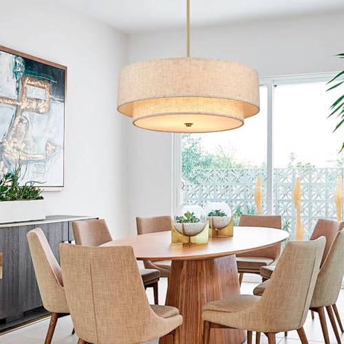 Gold Modern Chandelier 18'' Drum Pendant Light with Fabric Lampshade Hanging Light Fixture 3-Light Farmhouse Chandeliers for Dining Room Bedroom Kitchen Hallway Foyer - color: 18" Fabric Gold