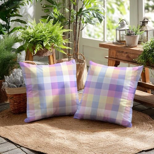Pastel Gingham Throw Pillow Covers 18x18 Inch, Set of 2 | Soft Rainbow Plaid Square Cushion Cases for Sofa Couch Girls Room | Spring Aesthetic Home Decor, Decorative Pillowcases - color: Pastel Gingham