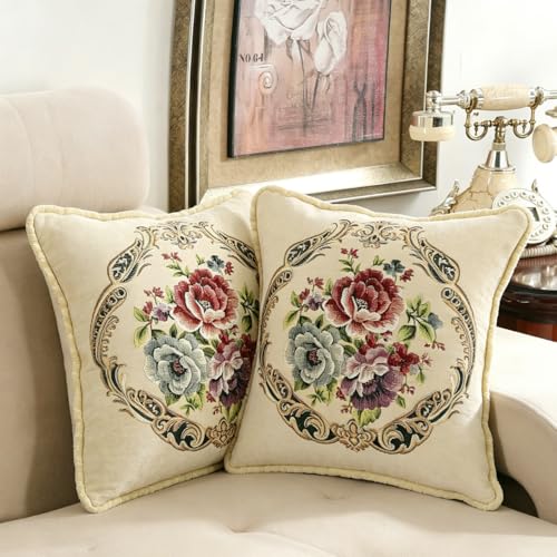 Set of 2 Vintage Floral Throw Pillow Covers 18x18 Inch, Beige Chenille Woven Pillow Cases with Victorian Floral Medallion Pattern, Decorative Cushion Covers for Sofa Couch Living Room Bedroom - color: Beige