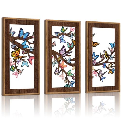 KAIRNE Butterfly Wooden Wall Art,Boho Wall Decor Chic Set of 3(8”X16”),Vintage Tree Animal Hanging Wall Decor,Rustic Farmhouse Wall Sign,Minimalist Natural Posters for Bathroom Living Room Decor,Framed - color: Butterfly Wooden Wall Art, size: 8"L x 16"W